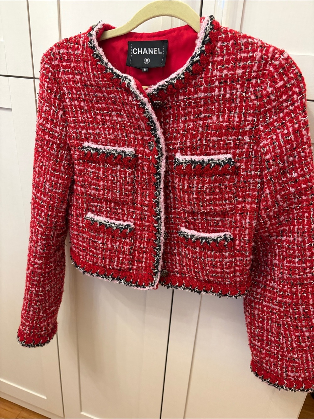 Red Tweed Bouclé Cropped Blazer with Contrast Trim - Picture 1 of 10